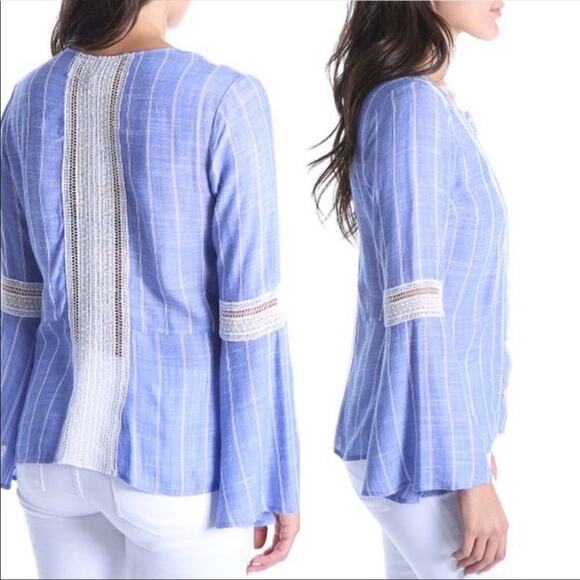 Kut From the Kloth Blue & White Boho Crochet Bell Sleeve Button Up Blouse Large - Picture 2 of 8